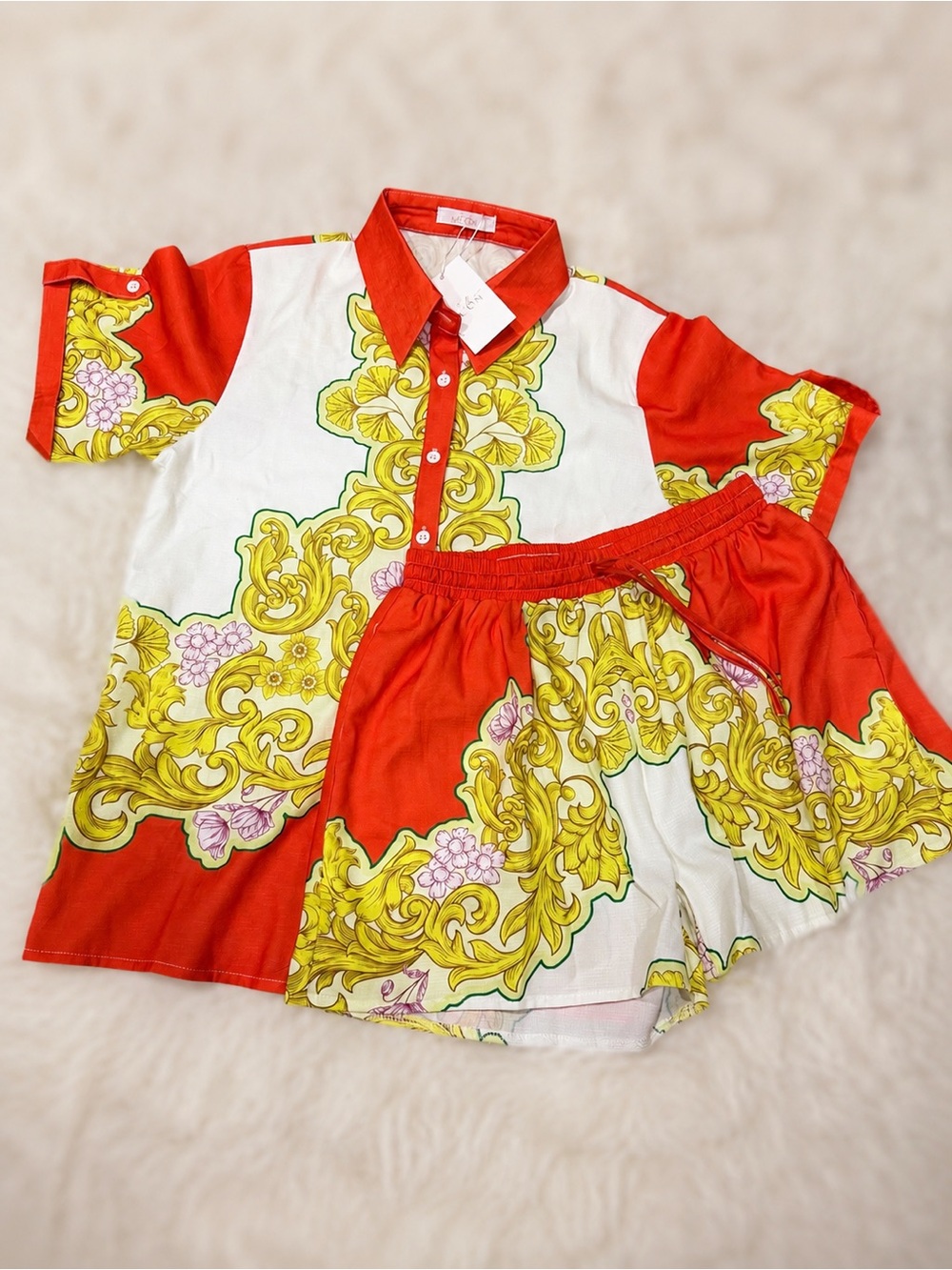 Bold Baroque Print Two-Piece Set in Orange, Yellow & White